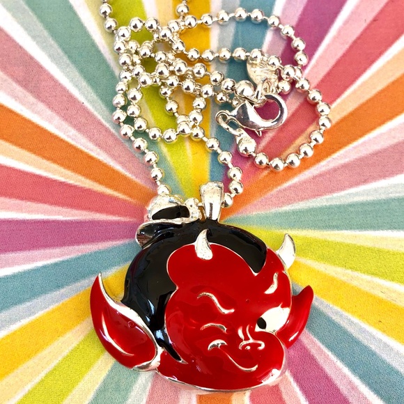 Little winking red devil baby enamel necklace NWT - Picture 1 of 3